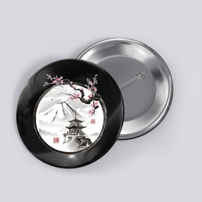 Pagoda Japanese Ink Painting Button
