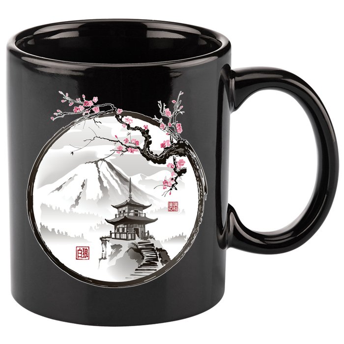 Pagoda Japanese Ink Painting 11oz C Handle Ceramic Mug