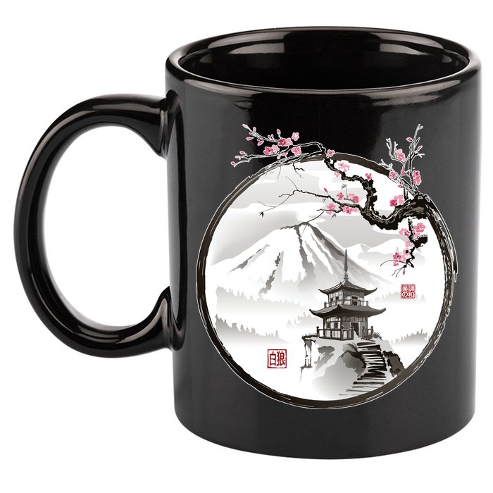Pagoda Japanese Ink Painting 11oz C Handle Ceramic Mug
