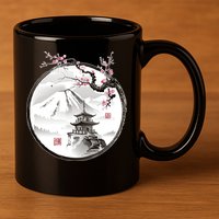 Pagoda Japanese Ink Painting 11oz C Handle Ceramic Mug