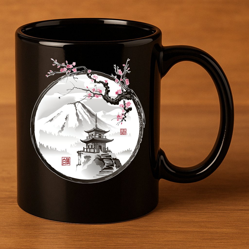 Pagoda Japanese Ink Painting 11oz C Handle Ceramic Mug