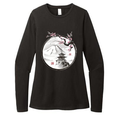 Pagoda Japanese Ink Painting Womens CVC Long Sleeve Shirt