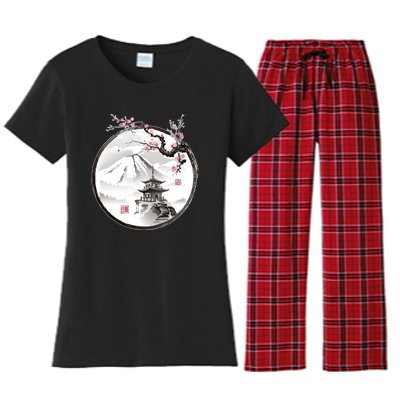 Pagoda Japanese Ink Painting Women's Flannel Pajama Set