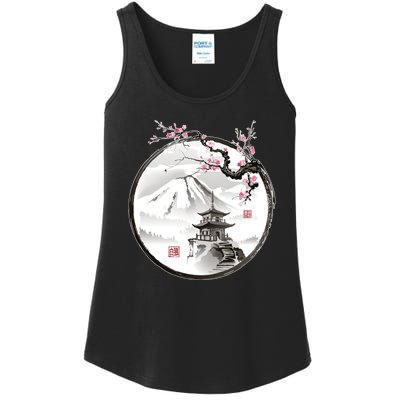 Pagoda Japanese Ink Painting Ladies Essential Tank