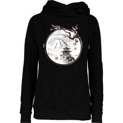 Pagoda Japanese Ink Painting Womens Funnel Neck Pullover Hood