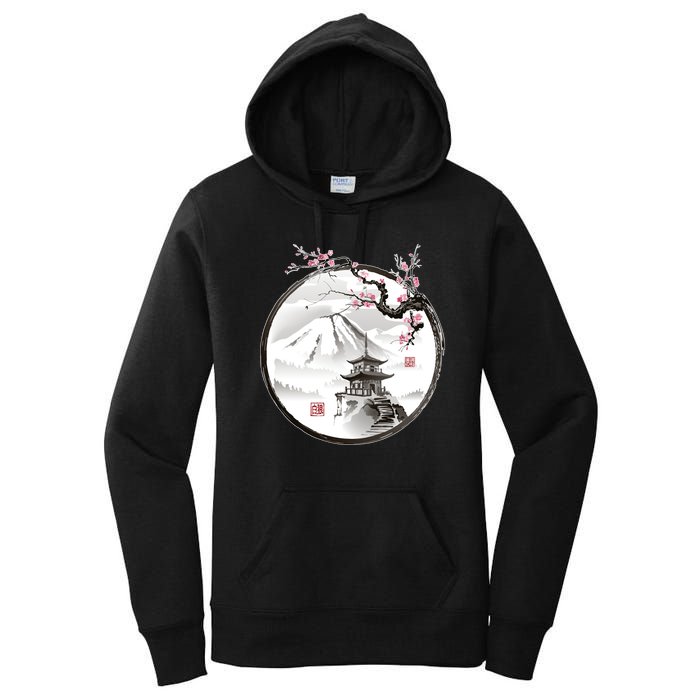 Pagoda Japanese Ink Painting Women's Pullover Hoodie