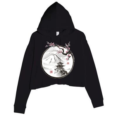 Pagoda Japanese Ink Painting Crop Fleece Hoodie