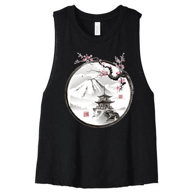 Pagoda Japanese Ink Painting Women's Racerback Cropped Tank