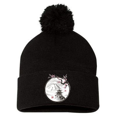 Pagoda Japanese Ink Painting Pom Pom 12in Knit Beanie