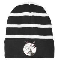 Pagoda Japanese Ink Painting Striped Beanie with Solid Band