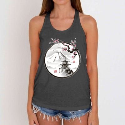 Pagoda Japanese Ink Painting Women's Knotted Racerback Tank