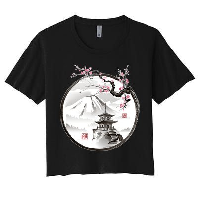Pagoda Japanese Ink Painting Women's Crop Top Tee