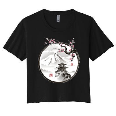 Pagoda Japanese Ink Painting Women's Crop Top Tee