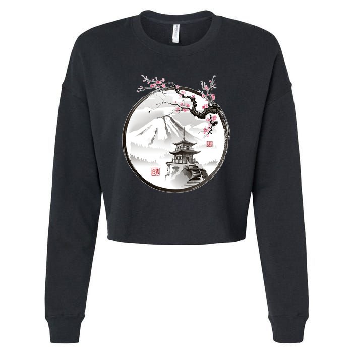 Pagoda Japanese Ink Painting Cropped Pullover Crew