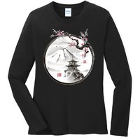 Pagoda Japanese Ink Painting Ladies Long Sleeve Shirt