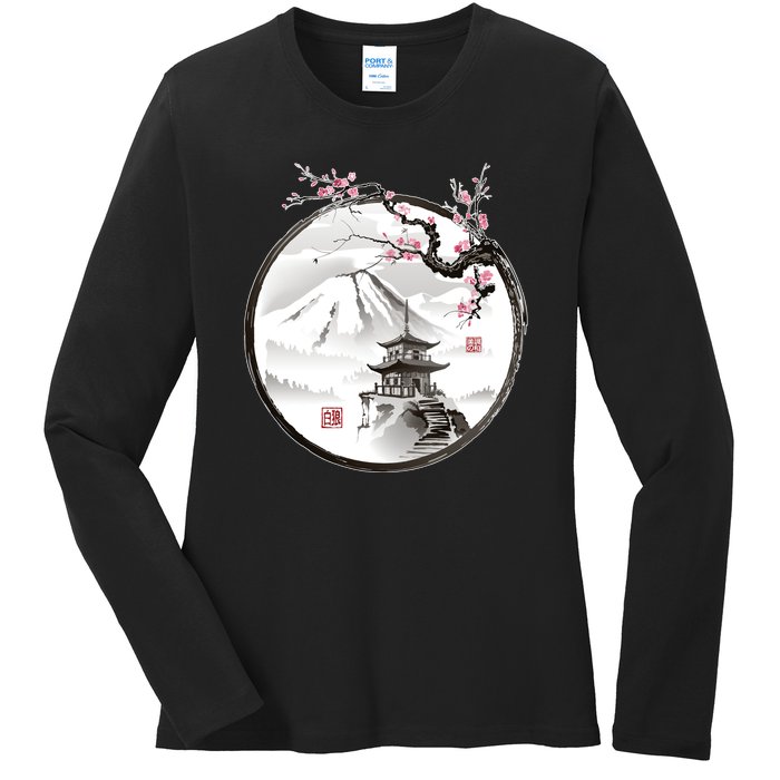 Pagoda Japanese Ink Painting Ladies Long Sleeve Shirt