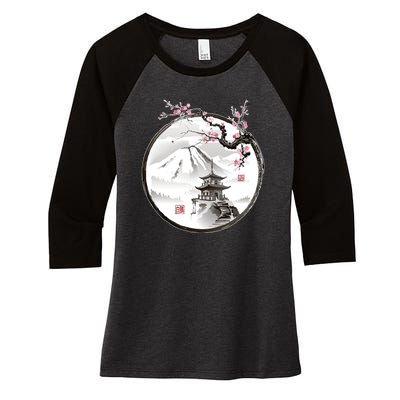 Pagoda Japanese Ink Painting Women's Tri-Blend 3/4-Sleeve Raglan Shirt