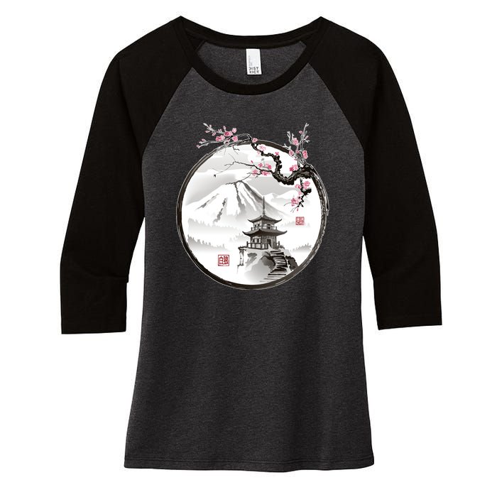 Pagoda Japanese Ink Painting Women's Tri-Blend 3/4-Sleeve Raglan Shirt