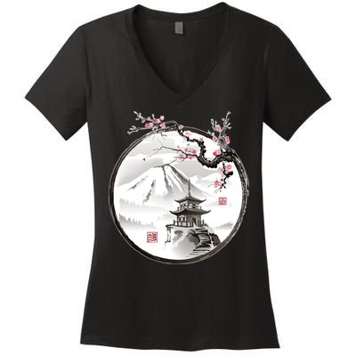 Pagoda Japanese Ink Painting Women's V-Neck T-Shirt