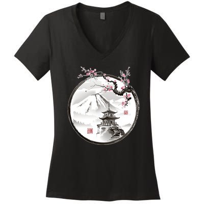 Pagoda Japanese Ink Painting Women's V-Neck T-Shirt