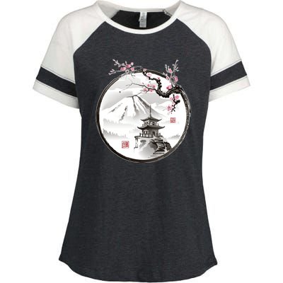 Pagoda Japanese Ink Painting Enza Ladies Jersey Colorblock Tee