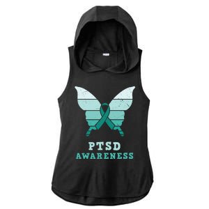 PTSD Awareness Hope Support Love Butterflt Ribbon Ladies PosiCharge Tri-Blend Wicking Draft Hoodie Tank