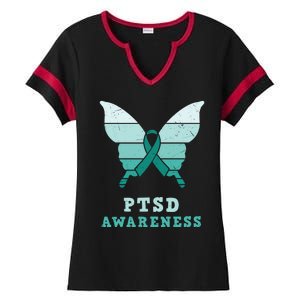 PTSD Awareness Hope Support Love Butterflt Ribbon Ladies Halftime Notch Neck Tee