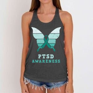 PTSD Awareness Hope Support Love Butterflt Ribbon Women's Knotted Racerback Tank