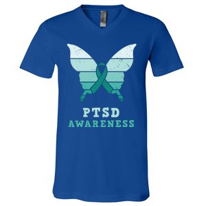 PTSD Awareness Hope Support Love Butterflt Ribbon V-Neck T-Shirt