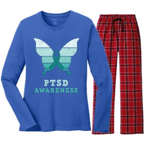 PTSD Awareness Hope Support Love Butterflt Ribbon Women's Long Sleeve Flannel Pajama Set 