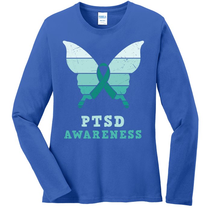 PTSD Awareness Hope Support Love Butterflt Ribbon Ladies Long Sleeve Shirt