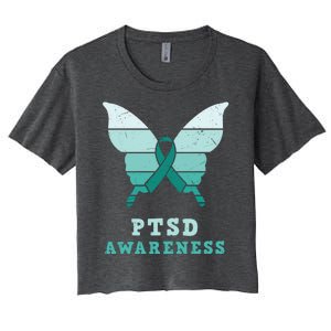 PTSD Awareness Hope Support Love Butterflt Ribbon Women's Crop Top Tee