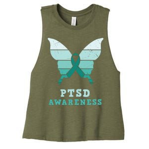 PTSD Awareness Hope Support Love Butterflt Ribbon Women's Racerback Cropped Tank