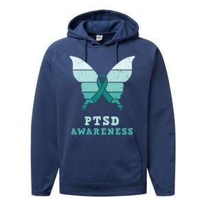 PTSD Awareness Hope Support Love Butterflt Ribbon Performance Fleece Hoodie