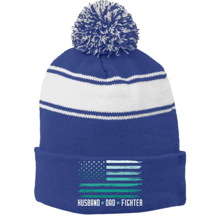 PTSD Awareness Husband Dad Fighter American Flag Stripe Pom Pom Beanie