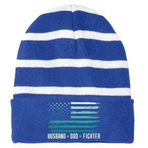 PTSD Awareness Husband Dad Fighter American Flag Striped Beanie with Solid Band