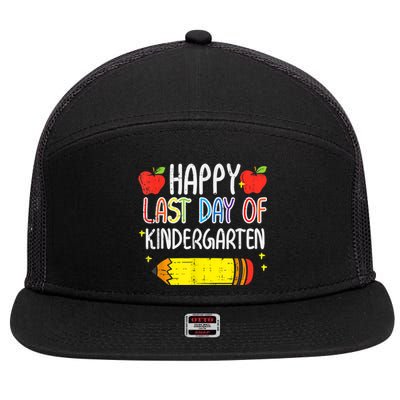 Pencil Apple Happy Last Day Of Kindergarten School Teacher 7 Panel Mesh Trucker Snapback Hat