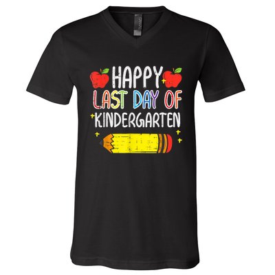 Pencil Apple Happy Last Day Of Kindergarten School Teacher V-Neck T-Shirt