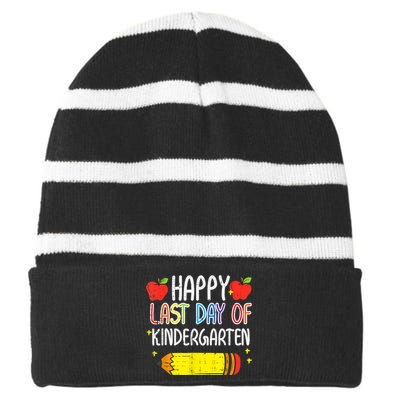 Pencil Apple Happy Last Day Of Kindergarten School Teacher Striped Beanie with Solid Band