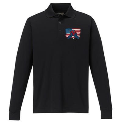 Patriotic American Ice Hockey Goalie Player Usa Flag Lover Gift Performance Long Sleeve Polo