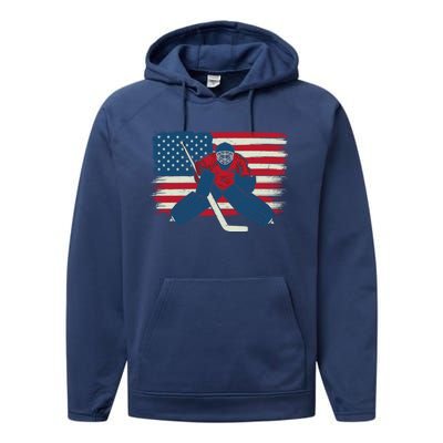 Patriotic American Ice Hockey Goalie Player Usa Flag Lover Gift Performance Fleece Hoodie