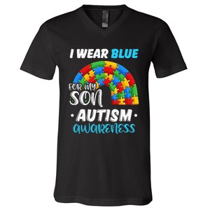 puzzle Autism I Wear Blue For Son Autism Awareness V-Neck T-Shirt