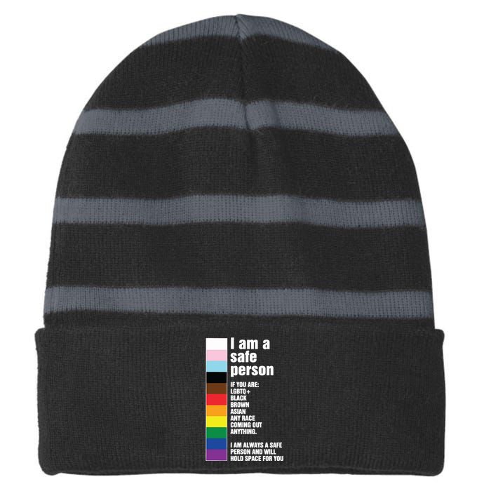 Pride Ally I Am A Safe Person Lgbtq Striped Beanie with Solid Band