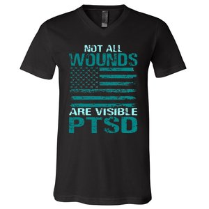 PTSD Awareness I Wear Teal Support The Troops V-Neck T-Shirt