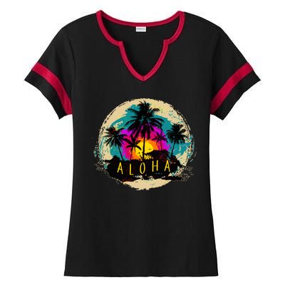 Painted Aloha Palms Beach Ladies Halftime Notch Neck Tee