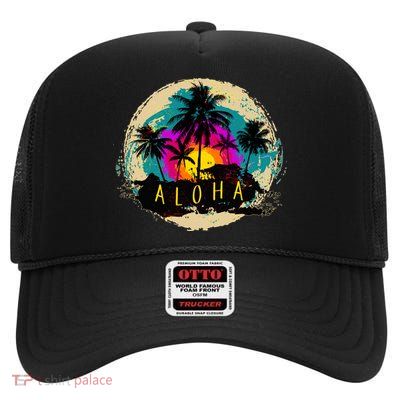Painted Aloha Palms Beach High Crown Mesh Back Trucker Hat