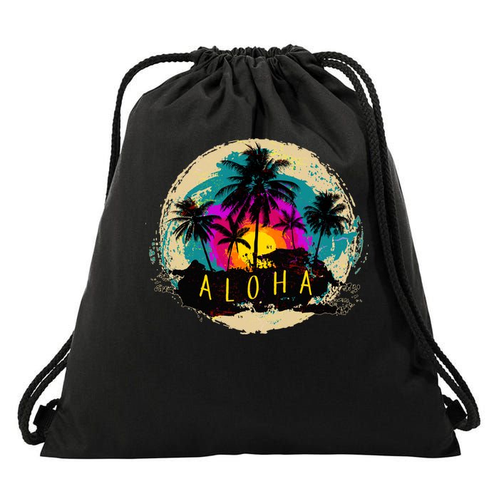 Painted Aloha Palms Beach Drawstring Bag