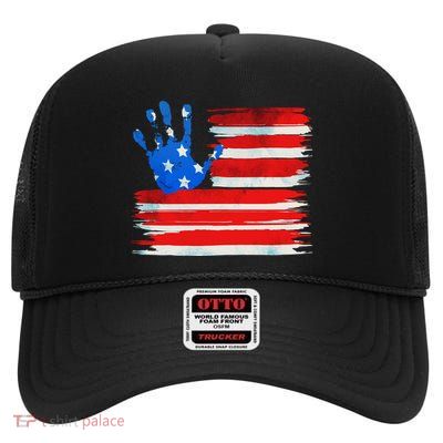 Painted American Flag Hand Print High Crown Mesh Back Trucker Hat