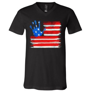 Painted American Flag Hand Print V-Neck T-Shirt