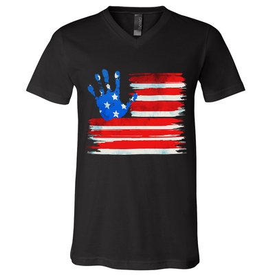 Painted American Flag Hand Print V-Neck T-Shirt